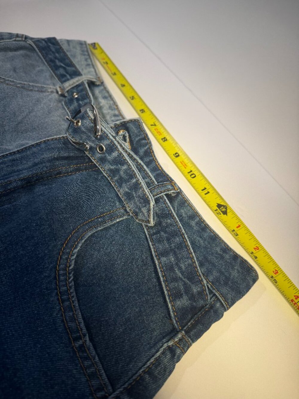 Cider Two Tone Denim Mini Skirt Belted Y2K Colorblock Frayed Hem Jean Skirt M - Picture 9 of 10